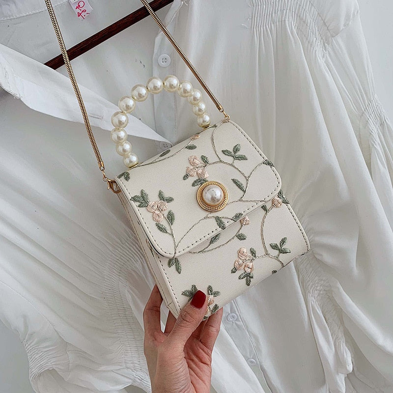Embroidery Flowers Crossbody Bags Women 2019 Quality Leather Designer Handbags Ladies Hand Tote Bag Pearl Shoulder Messenger Bag