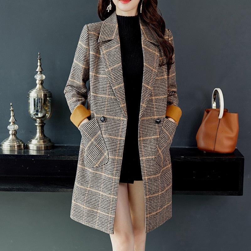 2019 Autumn Winter Wool Women Plaid Pockets Blends Office Work Long Coats Fashion Brand Lady Slim Lapel Long Sleeve Blends Sexy