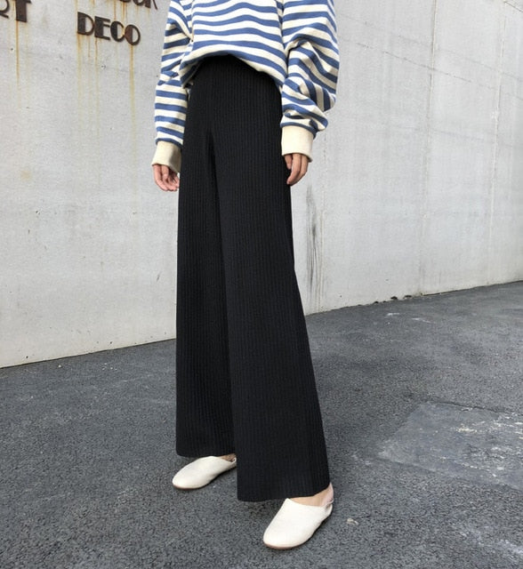 2019 Korean Women Trousers Autumn Winter knitted Wide Leg Pants Elastic High Waist Female Casual Loose Pant