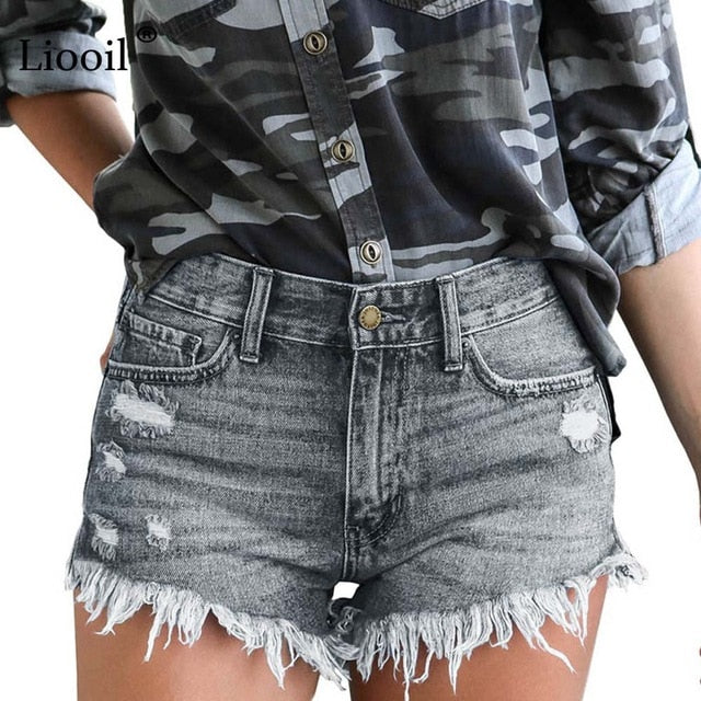 Liooil Black Plus Size Shorts Women Casual 2019 Mid Waist Cotton Sexy Rave Jean Short Fashion Button Pockets Tassel Denim Shorts