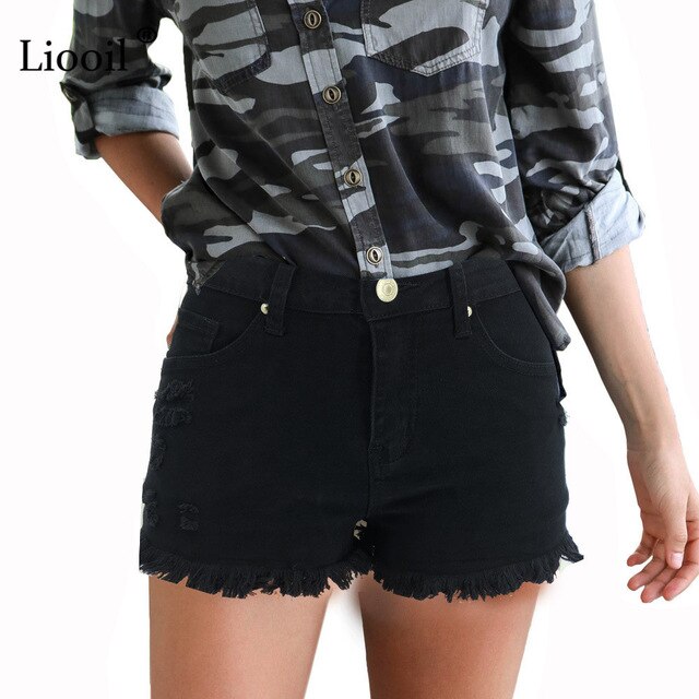Liooil Black Plus Size Shorts Women Casual 2019 Mid Waist Cotton Sexy Rave Jean Short Fashion Button Pockets Tassel Denim Shorts