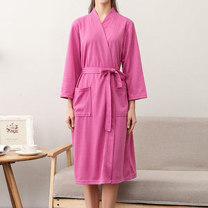 Women Water Absorption Bath Robe Solid Waffle Bathrobe Spa Home Dress Nightgown