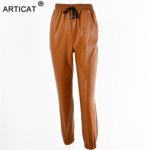 Articat 2019 New PU Leather Women Harem Pants Casual High Waist Elastic Faux Leather Trousers For Women Autumn Pants Streetwear