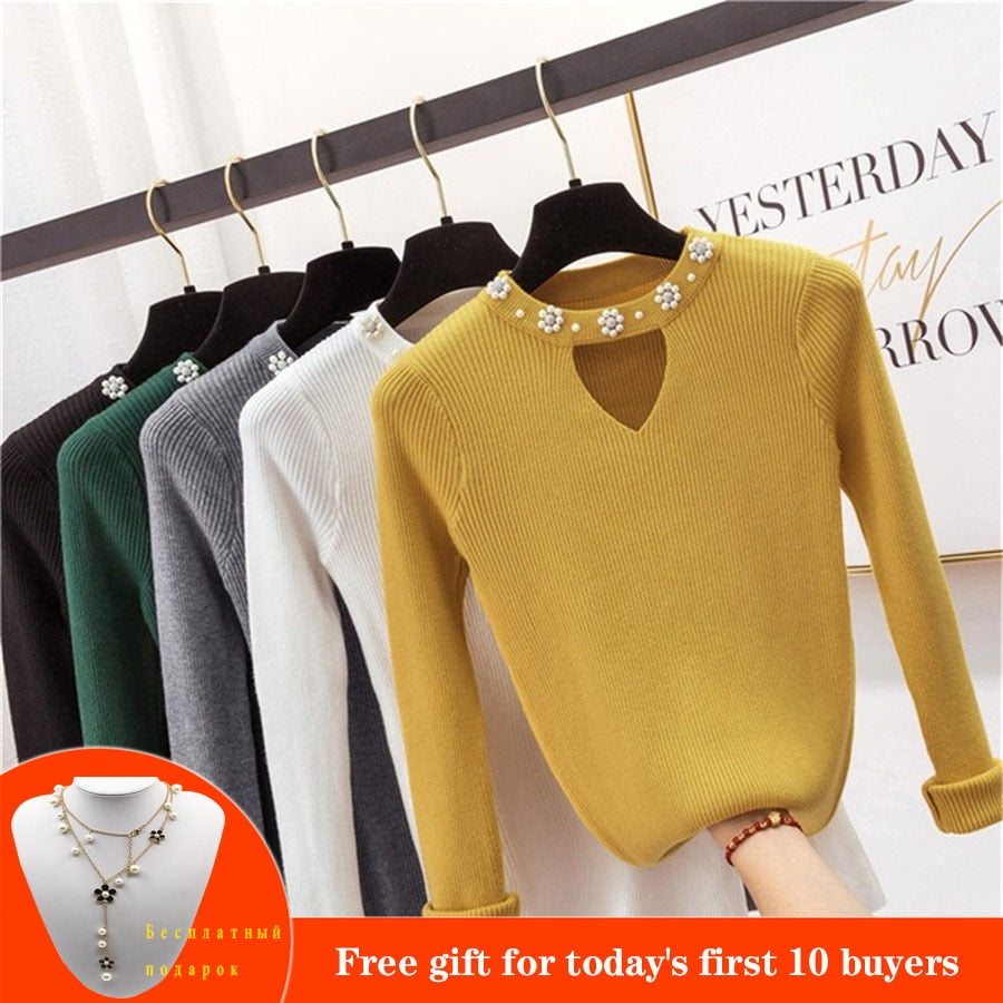 2019 Sweety pearl V-Neck Yellow Lady's Sweater Spring Slim Beading Pullover Female Pull Pink Sweater for Women Jumper Knit Tops