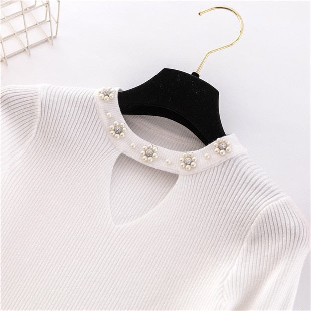 2019 Sweety pearl V-Neck Yellow Lady's Sweater Spring Slim Beading Pullover Female Pull Pink Sweater for Women Jumper Knit Tops