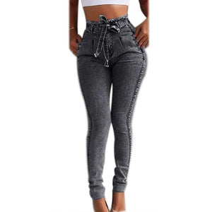 Oeak Solid Skinny Jeans Woman Casual Pencil High Waist Jeans Tassel Drawstring Slim Jean Summer Femme Stretch Demin Ladies Jeans