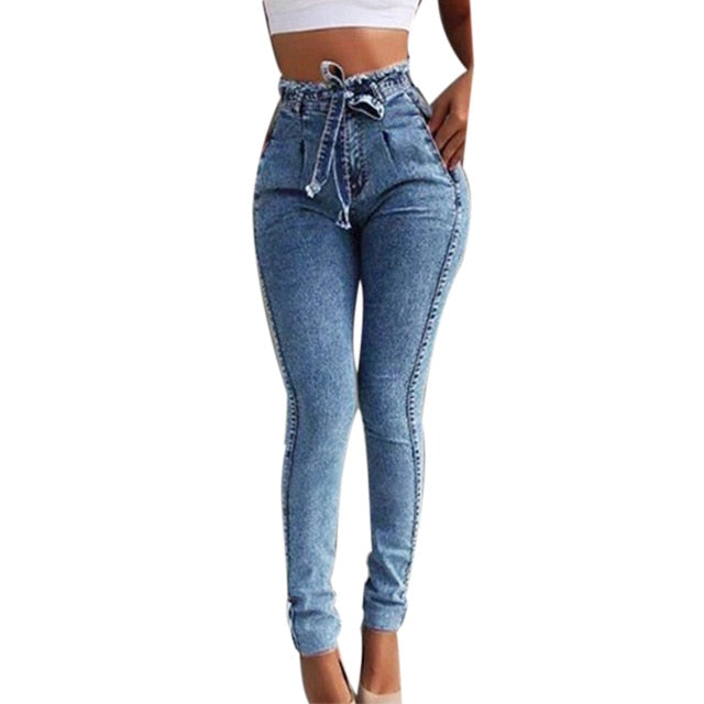 Oeak Solid Skinny Jeans Woman Casual Pencil High Waist Jeans Tassel Drawstring Slim Jean Summer Femme Stretch Demin Ladies Jeans