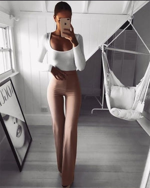 Hot Women Pants Plain Palazzo Wide Leg High Waist Office Lady Skinny Solid Casual Flared Trousers Long Loose OL Work