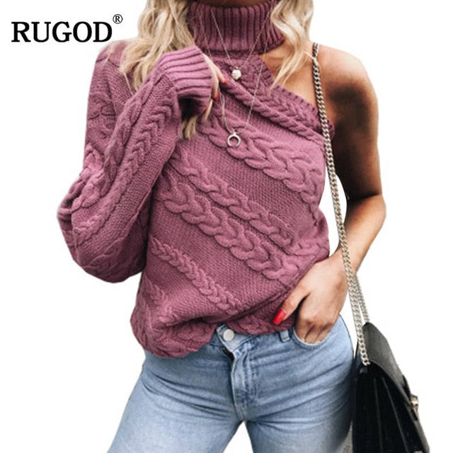 RUGOD 2019 Multi Color Twist Pattern Sweater Women Casual Solid Knitted Off Single Shoulder Women Sweaters pull femme hiver
