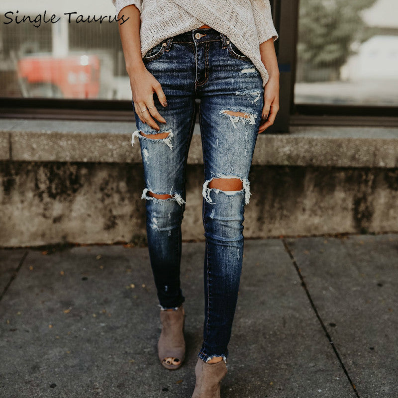 2019 Spring Fashion Bleached Ripped Jeans Women Cotton Denim Slim Elasticity Skinny Pants Moustache Effect Vintage Jeans Femme