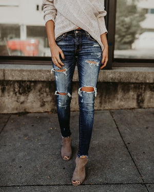 2019 Spring Fashion Bleached Ripped Jeans Women Cotton Denim Slim Elasticity Skinny Pants Moustache Effect Vintage Jeans Femme