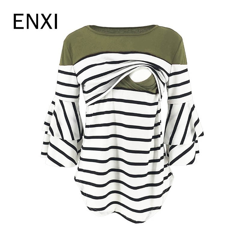 ENXI 2019 Maternity Clothes Stripe Split Joint Horn Sleeve Tops Lactation T-shirt Breastfeeding Clothes