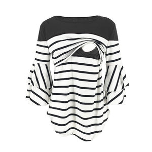 ENXI 2019 Maternity Clothes Stripe Split Joint Horn Sleeve Tops Lactation T-shirt Breastfeeding Clothes