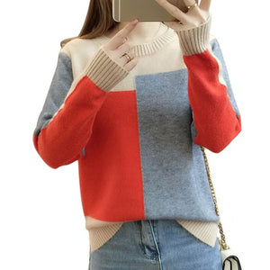 2019 Autumn Winter Korean style Contrast Color Sweater Women Long Sleeve Jumper Sweater And Pullover Knitted Sweater pull femme