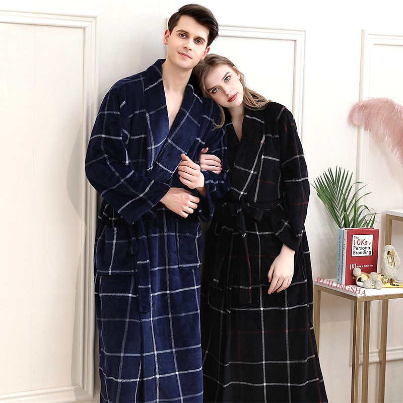 Women Winter Plaid Plus Size Long Flannel Bathrobe 40-130KG Warm Bath Robe Cozy Kimono Robes Dressing Gown Men Night Sleepwear