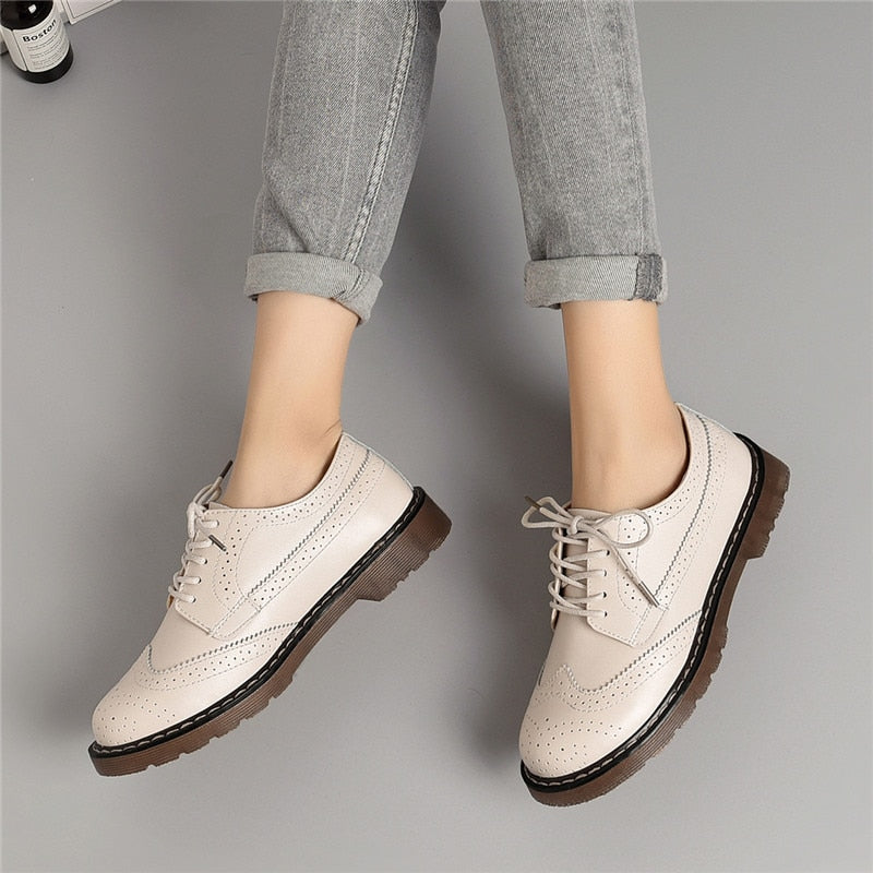 New 2019 Women Oxford Flats Shoes Genuine Leather Vintage Casual Shoes Spring Autumn Lace up