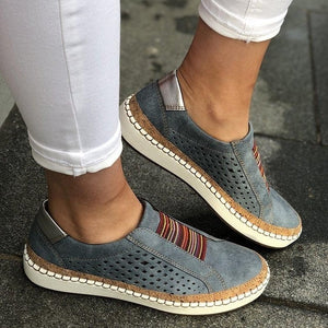 2019 Hollow Out Women Shoes Hand-stitched Striped Breathable Elastic Band Retro Casual Flat Suitable for Wide Leg Women Sneaker