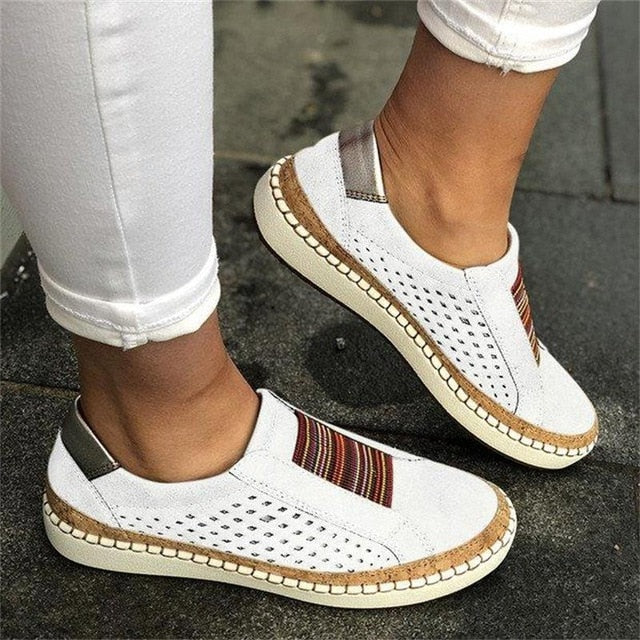 2019 Hollow Out Women Shoes Hand-stitched Striped Breathable Elastic Band Retro Casual Flat Suitable for Wide Leg Women Sneaker