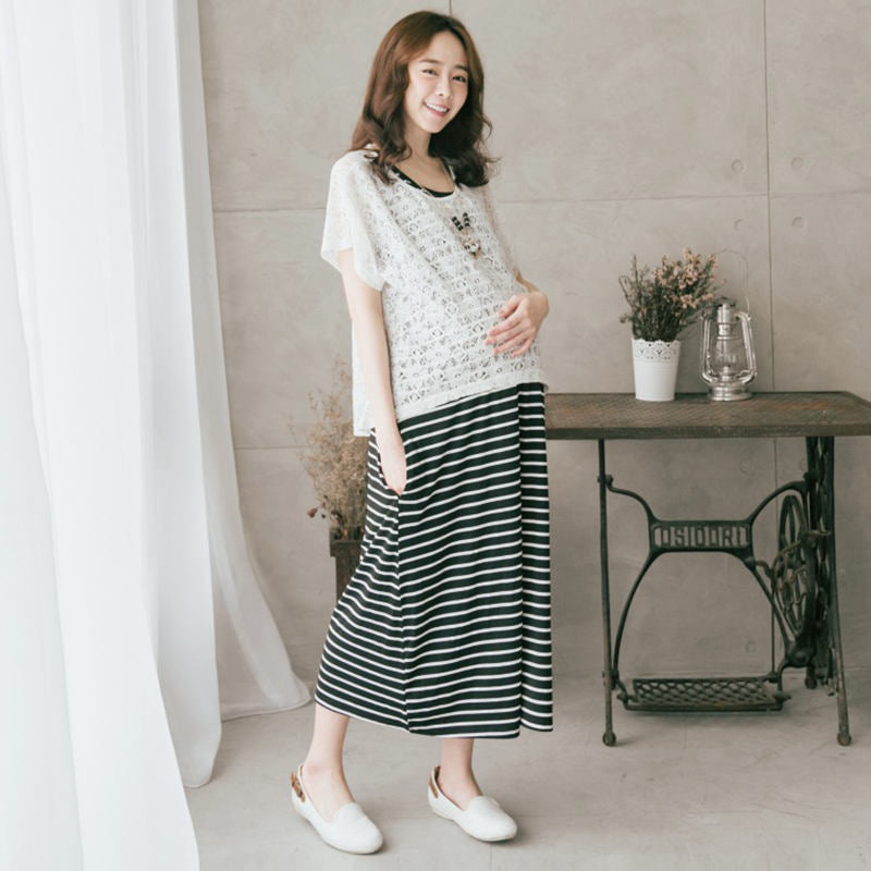 Fashion 2019 Summer Maternity Dresses 2pcs Lace Tops and Striped Dress for Pregnancy Women Korean Breastfeeding Dress Clothes