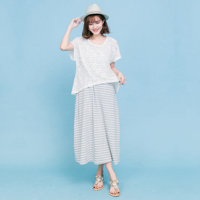 Fashion 2019 Summer Maternity Dresses 2pcs Lace Tops and Striped Dress for Pregnancy Women Korean Breastfeeding Dress Clothes