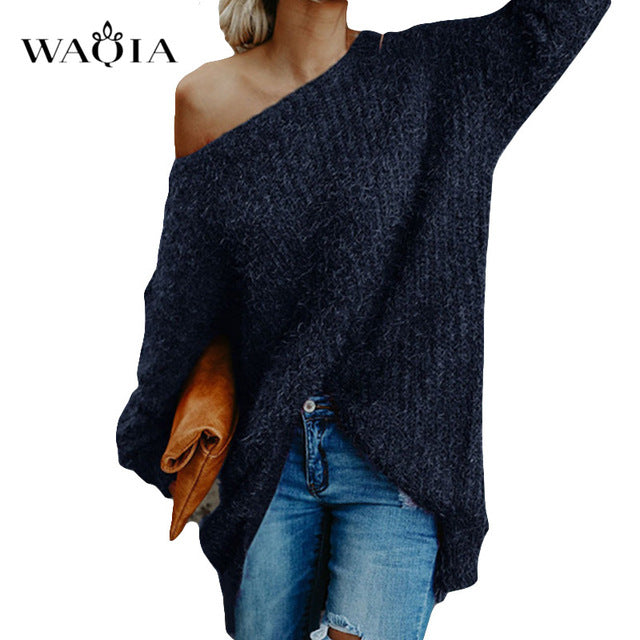 Womens off the shoulder knit pullover Autumn long sleeve Knitted Sweaters 2019 Winter Tops For Women Pullover Jumper Pull Femme