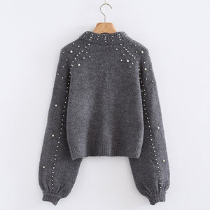 2019 Pearl Beading Sweater Women Winter Christmas Knitted Turtleneck Warm Jumper Lantern Sleeve Gray Sweaters Pull Femme Hiver