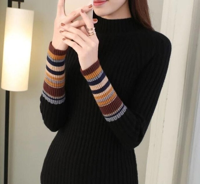 JoinYouth Half Turtleneck Warm Pullovers 2019 Autumn Winter Clothes Women Striped Warm Sweaters Korean Pull Femme Slim J223