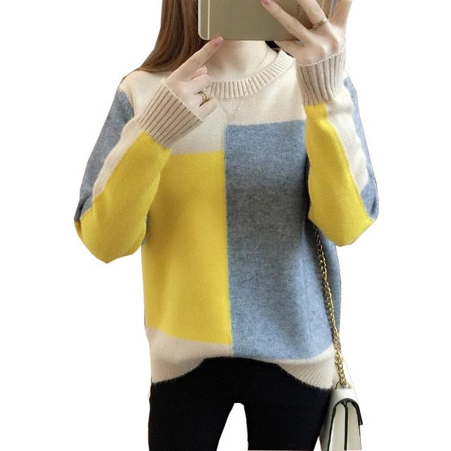 2019 Autumn Winter Korean style Contrast Color Sweater Women Long Sleeve Jumper Sweater And Pullover Knitted Sweater pull femme