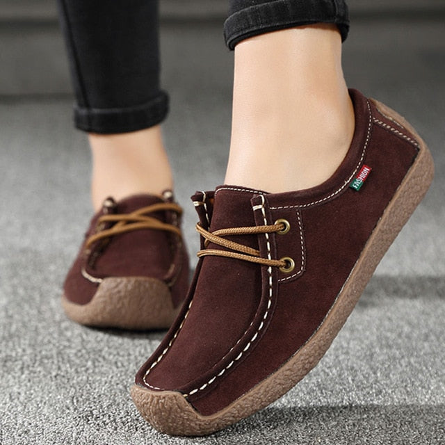 2019 Women's Moccasins Shoes Lace Up Ladies Flat Loafers Soft Comfortable Women Cow Suede Genuine Leather Shoes Spring Autumn