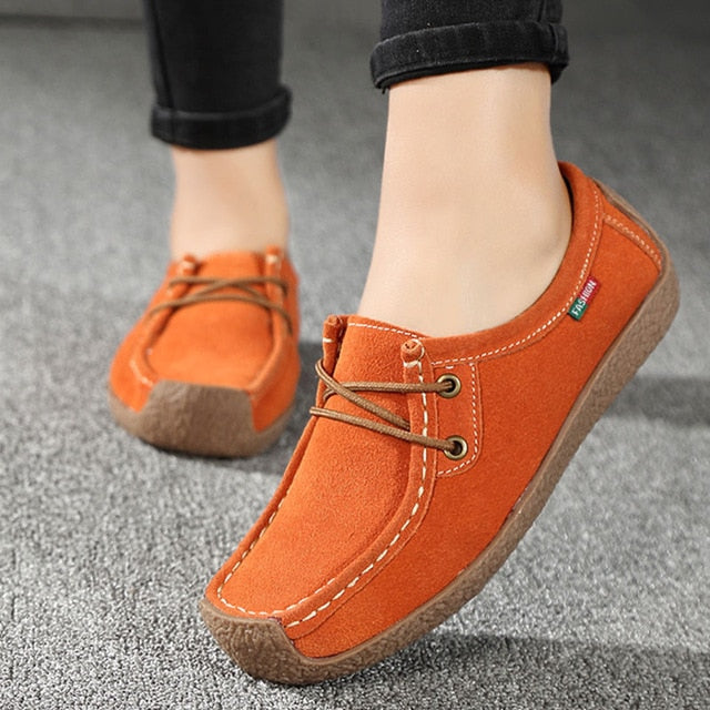 2019 Women's Moccasins Shoes Lace Up Ladies Flat Loafers Soft Comfortable Women Cow Suede Genuine Leather Shoes Spring Autumn