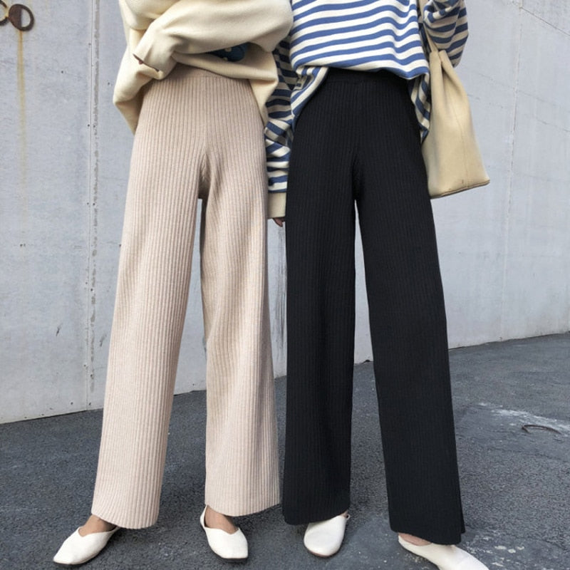 2019 Korean Women Trousers Autumn Winter knitted Wide Leg Pants Elastic High Waist Female Casual Loose Pant