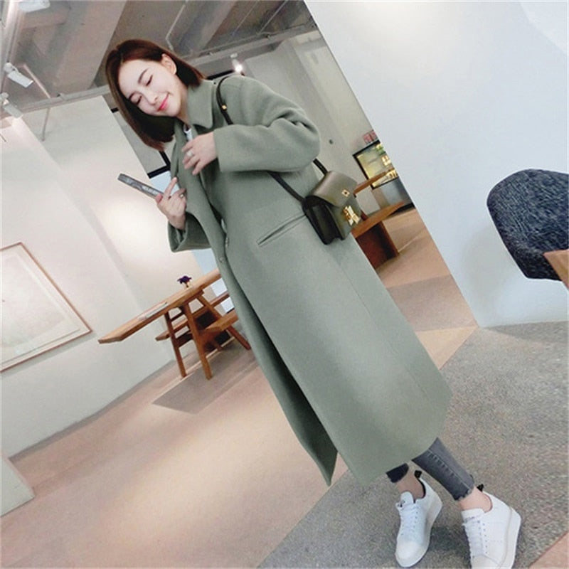 Women Wool Coat 2019 Winter Fashion New Casual Korean Version Slim Long Coat Full Sleeve Suit Collar Women's Coats Plus Size