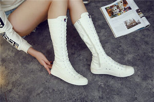 2019 New Spring autumn Women Shoes Canvas Casual High Top Shoes Long Boots Lace-Up Zipper Comfortable Flat boots sneakers