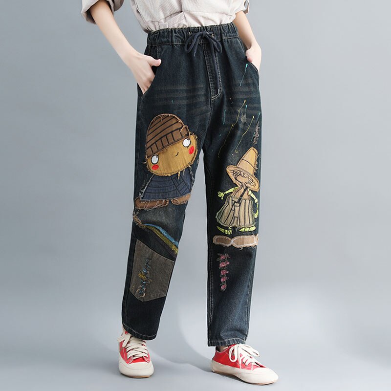 Retro Witch Patch Harem Jean Pants Women Elastic Waist Cartoon Embroidery Ripped Hole Plus Size Casual Streetwear Femme Harajuku