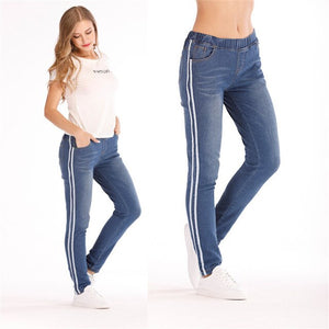 2019 Women's Jeans Tight Feet Pants Women Solid Straight Jeans Pants Femme Fashion Vintage Slim Elastic Waist Denim Long Pants