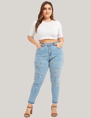 M-4XL Plus Size Skinny Jeans Women Casual Hole Denim Jeans Nature Waist Pencil Pants Washed Summer Mom Jean Femme Pants