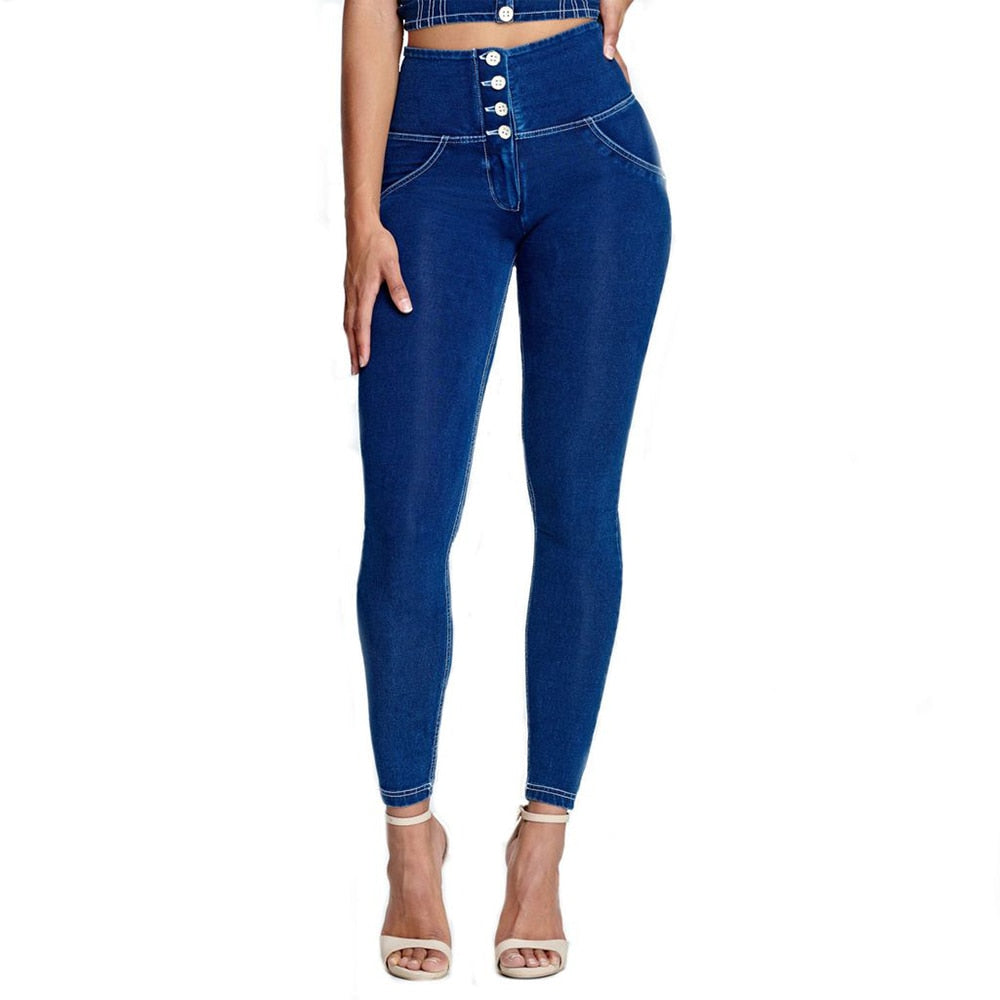 Melody 4 Buttons Fly Dark Blue Denim Jeans High Waist White Stitching Skinny Slim Women Pants Push Up XXXL Plus Size Jeans Femme