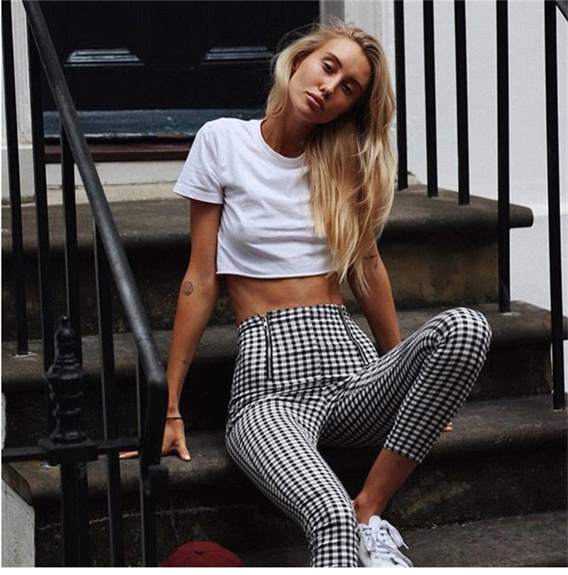 New black and white checked zipper high waist casual trousers for women's wear in autumn and winter of 2019