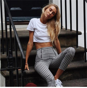 New black and white checked zipper high waist casual trousers for women's wear in autumn and winter of 2019