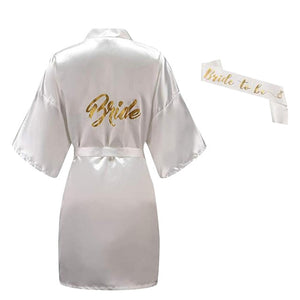Sisbigdey 3pc set of glitter gold bride satin short bride robe slippers bridal sash peignoir women Bridal Party 2019 kimono robe
