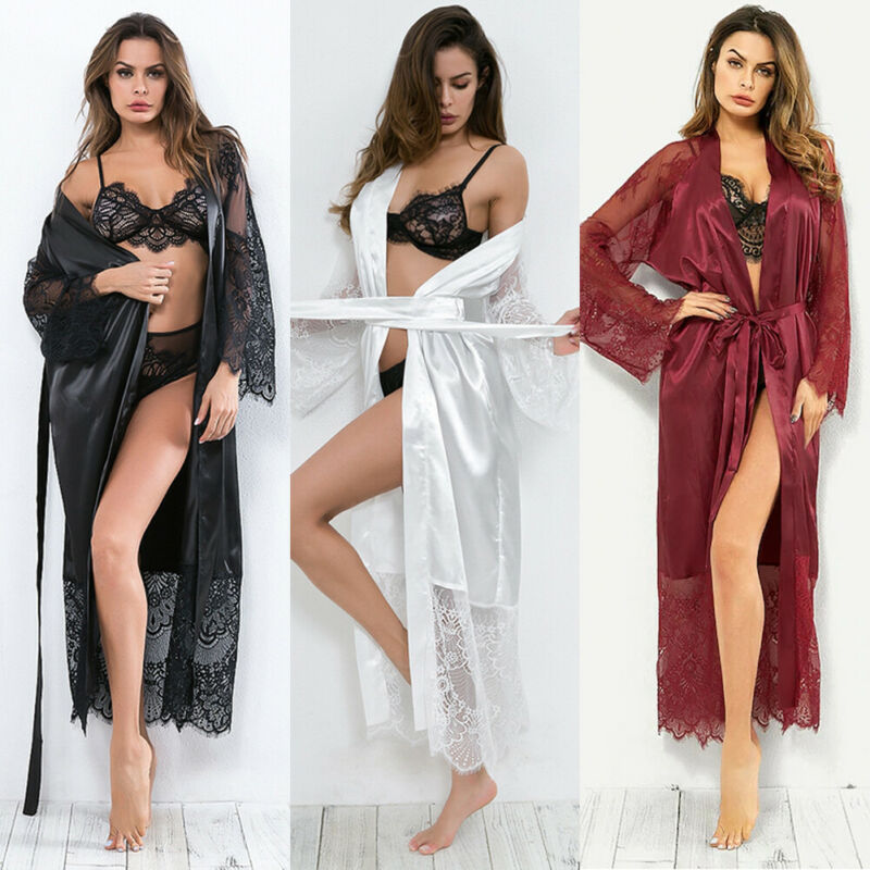 2019 Summer New Women Satin Silk Robe Solid Lace Loose Sexy Casual Long Sleeve Ankle Length Comfotable Robe Sleepwear