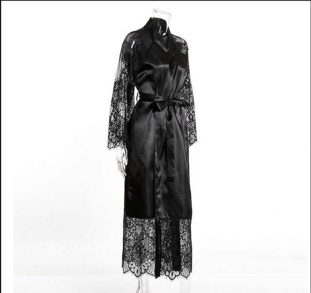 2019 Summer New Women Satin Silk Robe Solid Lace Loose Sexy Casual Long Sleeve Ankle Length Comfotable Robe Sleepwear