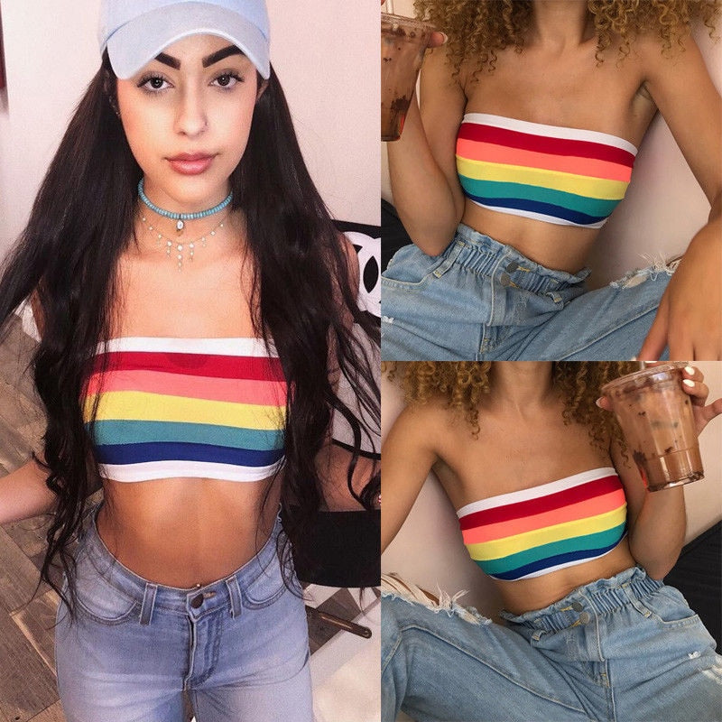 Women's Sexy Off-shoulder Crop Tops Casual Strapless Vest Rainbow Striped Tank Tops Beach Party Wear Summer 2019