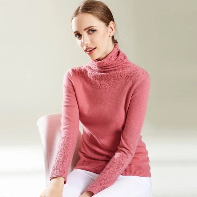 Turtleneck Cashmere Cotton blend Openwork carve sweater women 2019 autumn winter jumper sweter robe pull femme Pullover sweaters
