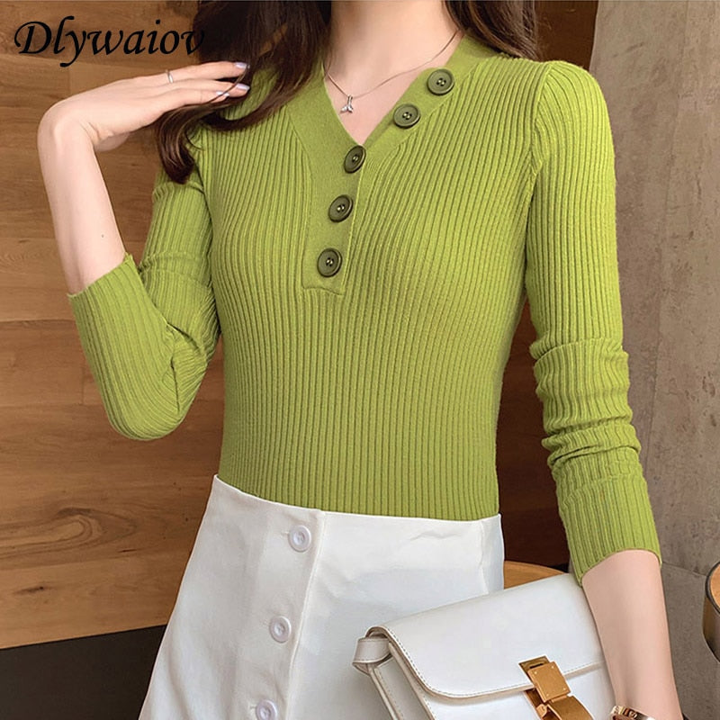 Sweater Women Pullover V-neck Button knited Tops 2019 Autumn Winter Warm Sweater Female Sweater Soft Elastic Pull Femme 9 Colors