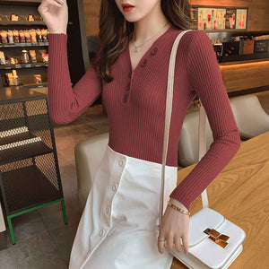 Sweater Women Pullover V-neck Button knited Tops 2019 Autumn Winter Warm Sweater Female Sweater Soft Elastic Pull Femme 9 Colors