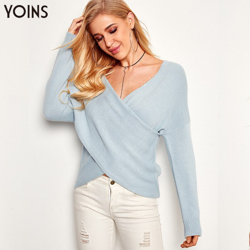YOINS 2019 Autumn Winter Spring Sweater Women V Neck Crossed Front Long Sleeve Knitted Jumpers Vintage Pull Femme Pullover S-XL