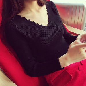 Women Wave V Neck Knitted Sweater 2019 Fashion Autumn Winter Jumper Pull Femme Jumper Tops Pullover Elastic Solid Slim Sweater