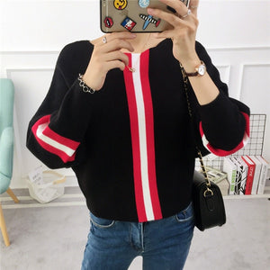 2019 New Autumn Winter Women Sweater Pullover Stripe Contrast Color Bat Sleeve Knitted Jumper Loose Short Tops Outwear Pull Femm