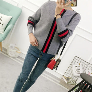 2019 New Autumn Winter Women Sweater Pullover Stripe Contrast Color Bat Sleeve Knitted Jumper Loose Short Tops Outwear Pull Femm
